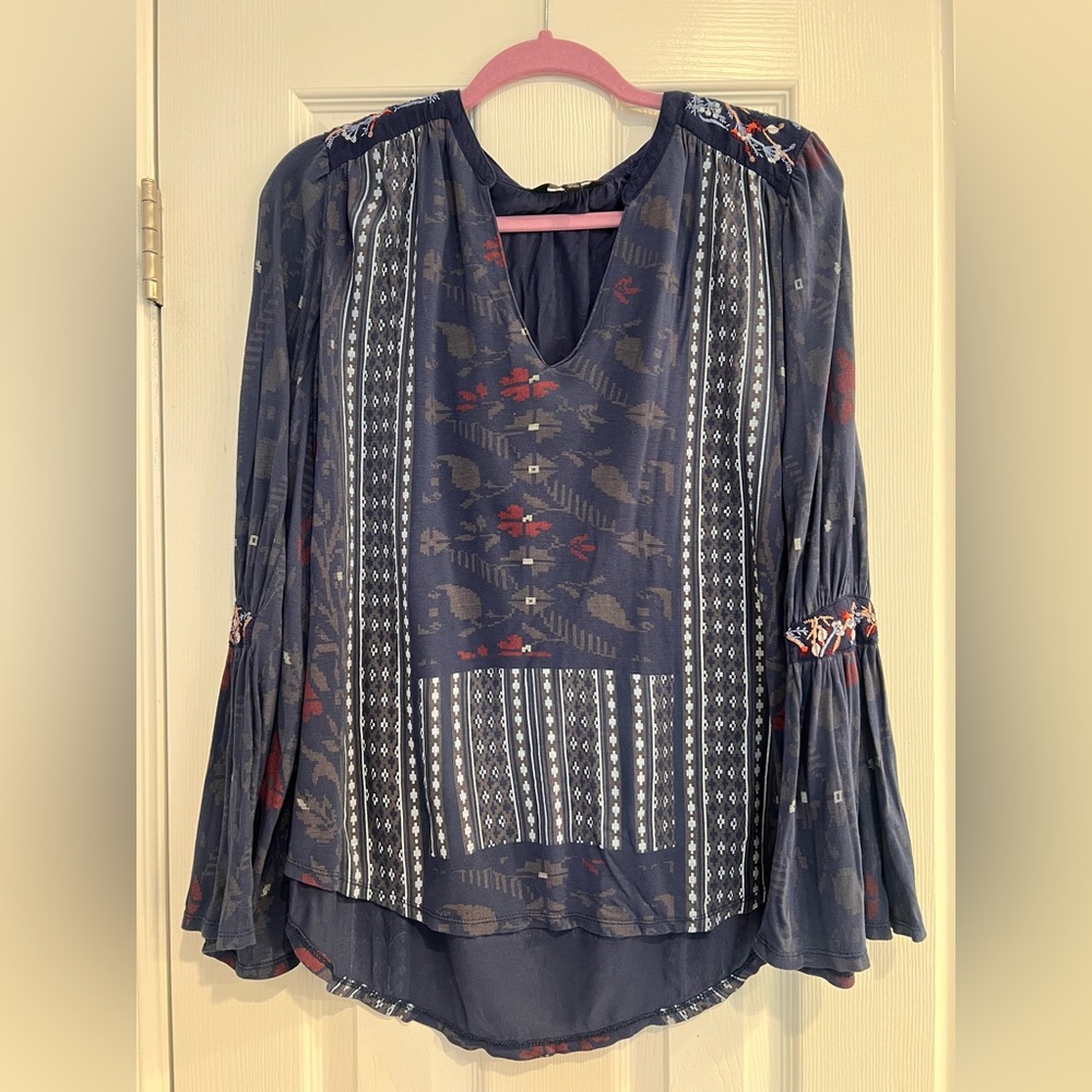 Lucky Brand Navy Boho V-Neck Blouse with Red Accents